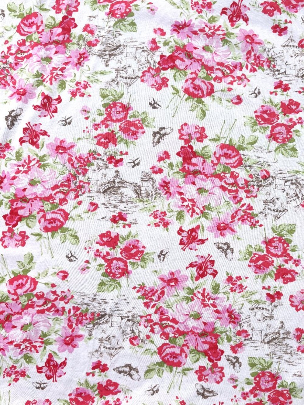Pink Roses Flowers Cotton Knit Fabric Yardage 3 Yards 62" Wide Butterflies